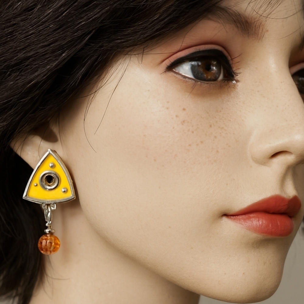 Women's Yellow Silver-tone  Triangle Design & Orange Bead Drop Dangle Earrings